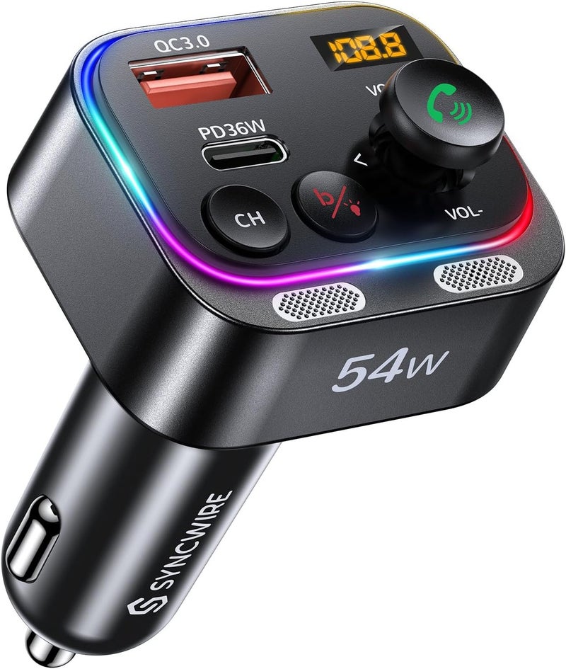 Syncwire Bluetooth 5.4 FM Transmitter Car Adapter 54W (PD 36W & 18W) [Stronger Dual Mics] [Light Switch] [HiFi Bass Sound] [Fast Charging] Wireless Radio Receiver Hands-Free Calling LED Display - Image 1